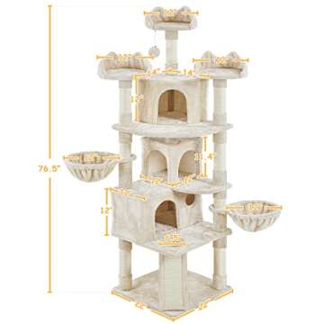 Yaheetech Large Cat Tree Tower for Large Cats, 76.5in Multi-Level Cat Tower with 3 Condos & Perches, 9 Scratching Posts and 2 Cat Baskets, Cat Climbing Tree for Indoor Cats, Beige
