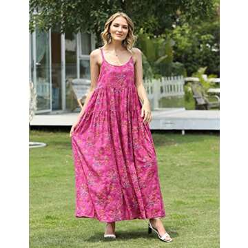 YESNO Summer Dresses for Women Casual Loose Bohemian Floral Dress with Pockets Spaghetti Strap Maxi Dress for Beach Vacation XL E75 CR26