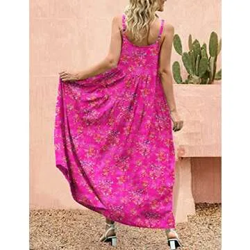 YESNO Summer Dresses for Women Casual Loose Bohemian Floral Dress with Pockets Spaghetti Strap Maxi Dress for Beach Vacation XL E75 CR26