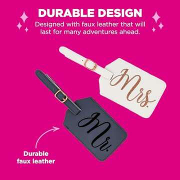 Miamica Mrs. & Mr. Luggage Tags – Set of 2 Faux Leather Suitcase Tags with Sturdy Buckle Straps – 6.85" x 3" Each – Cute Honeymoon, Bachelorette, Engagement Gifts