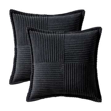 MIULEE Corduroy Pillow Covers with Splicing Set of 2 Super Soft Couch Pillow Covers Broadside Striped Decorative Textured Throw Pillows for Cushion Bed Livingroom 18 x 18 inch, Black