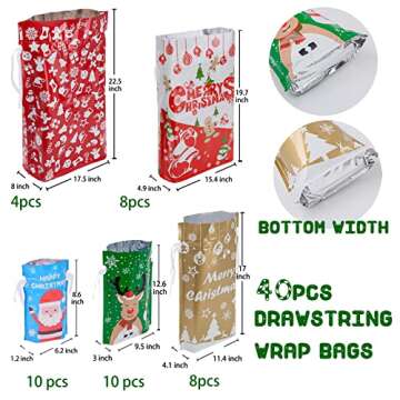 40pcs Drawstrings Christmas Gift Bags Assorted Sizes, Christmas Bags for Gifts Wrapping, Reusable Pl...