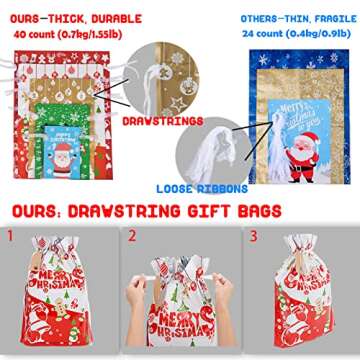 40pcs Drawstrings Christmas Gift Bags Assorted Sizes, Christmas Bags for Gifts Wrapping, Reusable Plastic Christmas Bags for Presents with Drawstrings, Xmas Holiday Gift Bag - Large, Medium, Small