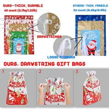 40pcs Drawstrings Christmas Gift Bags Assorted Sizes, Christmas Bags for Gifts Wrapping, Reusable Plastic Christmas Bags for Presents with Drawstrings, Xmas Holiday Gift Bag - Large, Medium, Small