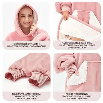 Touchat Wearable Blanket Hoodie, Oversized Sherpa Blanket Sweatshirt with Hood Pocket and Sleeves, Super Soft Warm Plush Hooded Blanket for Adult Women Men, One Size Fits All (Pink)