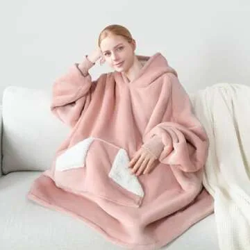 Touchat Wearable Blanket Hoodie, Oversized Sherpa Blanket Sweatshirt with Hood Pocket and Sleeves, Super Soft Warm Plush Hooded Blanket for Adult Women Men, One Size Fits All (Pink)