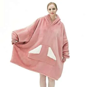 Touchat Wearable Blanket Hoodie, Oversized Sherpa Blanket Sweatshirt with Hood Pocket and Sleeves, Super Soft Warm Plush Hooded Blanket for Adult Women Men, One Size Fits All (Pink)