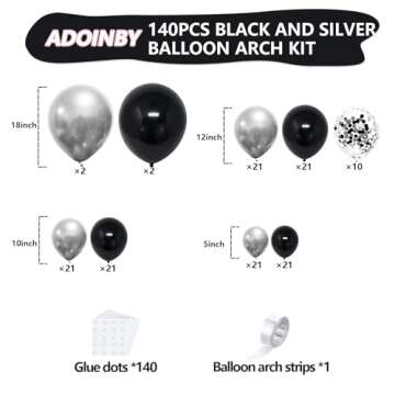 ADOINBY Black and Silver Balloon Arch Kit, 140Pcs Different Sizes inch Black Metallic Silver Balloon...