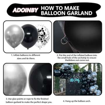 ADOINBY Black and Silver Balloon Arch Kit, 140Pcs Different Sizes inch Black Metallic Silver Balloons and Confetti Party Balloon Garland Kit for Birthday, Wedding, Graduation, Anniversary Decorations