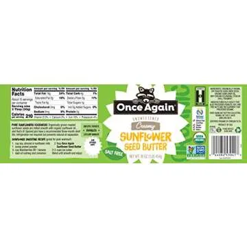 Once Again Organic Creamy Sunflower Butter, 16oz - Salt Free, Unsweetened - Peanut Free, USDA Organic, Gluten Free Certified, Vegan, Kosher - Glass Jar (1 Jar)