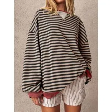 Fisoew Striped Oversized Women Sweatshirt Trendy Casual Top