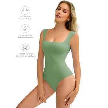 Avidlove Bodysuits for Women Square Neck Body Suit Double Lined Tank Top Bodysuit Soft (Green,M)