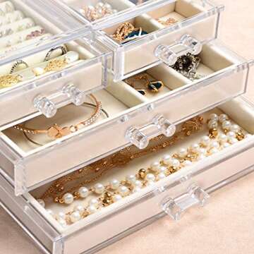 Frebeauty Acrylic Jewelry Box 4 Drawers,Clear Jewelry Organizer Velvet Rings Necklaces Earring Bracelets Display Case Stand Holder Tray for Women Girls (Beige)