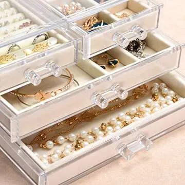 Frebeauty Acrylic Jewelry Box 4 Drawers,Clear Jewelry Organizer Velvet Rings Necklaces Earring Bracelets Display Case Stand Holder Tray for Women Girls (Beige)