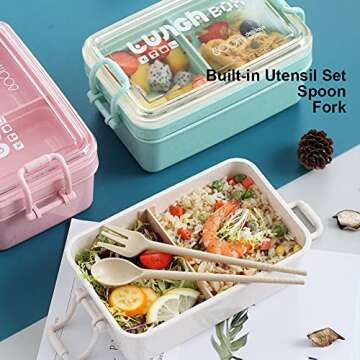 Iteryn Bento Box Japanese Lunch Box Kit, Stackable 2 Layer Lunch Box, Leakproof Wheat Straw BPA Free Bento Lunch Boxes Set with Soup Cup, Spoon and Fork, Cake Cups