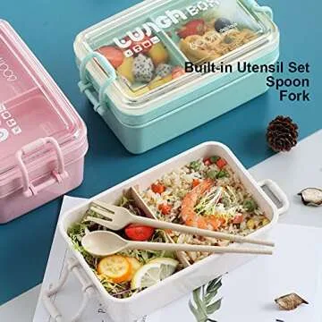 Iteryn Bento Box Japanese Lunch Box Kit, Stackable 2 Layer Lunch Box, Leakproof Wheat Straw BPA Free Bento Lunch Boxes Set with Soup Cup, Spoon and Fork, Cake Cups