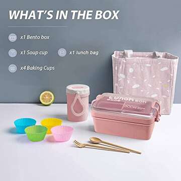 Iteryn Bento Box Japanese Lunch Box Kit, Stackable 2 Layer Lunch Box, Leakproof Wheat Straw BPA Free Bento Lunch Boxes Set with Soup Cup, Spoon and Fork, Cake Cups