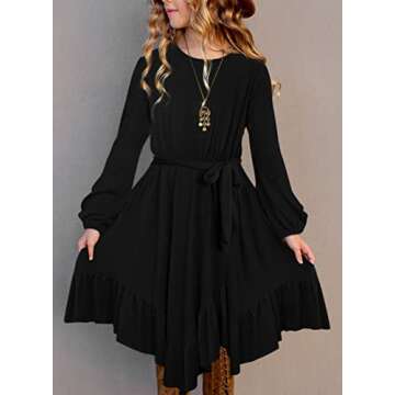 blibean Girl Fall Boho Dress Kid Long Sleeve Tween Bohemian A-Line Round Neck Child Dresses Solid Maxi Flowy Swing Clothes Size 8-9 Years Large Black