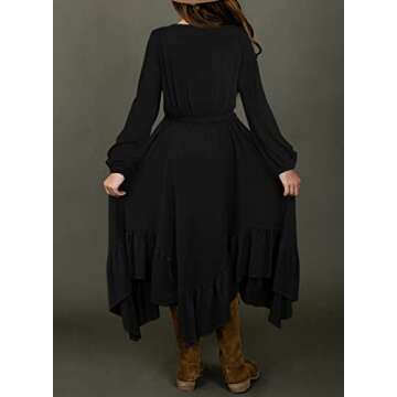 blibean Girl Fall Boho Dress Kid Long Sleeve Tween Bohemian A-Line Round Neck Child Dresses Solid Maxi Flowy Swing Clothes Size 8-9 Years Large Black