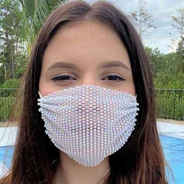 Barode Sparkly Rhinestone Mesh Mask Crystal Colorful Masquerade Ball Party Nightclub Face Masks Venetian Mardi Gras Jewelry for Women and Girls (Black) (White)