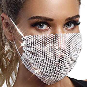 Barode Sparkly Rhinestone Mesh Mask Crystal Colorful Masquerade Ball Party Nightclub Face Masks Venetian Mardi Gras Jewelry for Women and Girls (Black) (White)