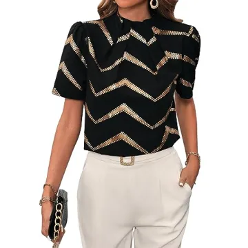 MakeMeChic Women's Chevron Print Mock Neck Puff Short Sleeve Work Blouse Shirt Top Black S
