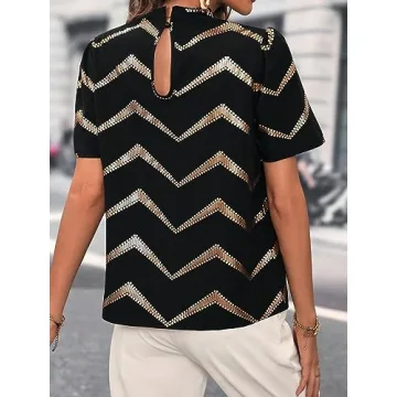 MakeMeChic Women's Chevron Print Mock Neck Puff Short Sleeve Work Blouse Shirt Top Black S