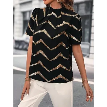 MakeMeChic Women's Chevron Print Mock Neck Puff Short Sleeve Work Blouse Shirt Top Black S