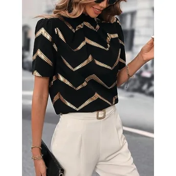 MakeMeChic Women's Chevron Print Mock Neck Puff Short Sleeve Work Blouse Shirt Top Black S
