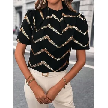 MakeMeChic Women's Chevron Print Mock Neck Puff Short Sleeve Work Blouse Shirt Top Black S