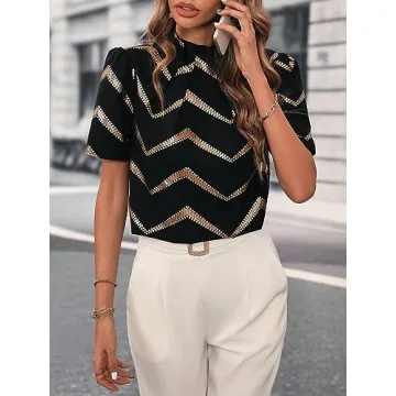 MakeMeChic Women's Chevron Print Mock Neck Puff Short Sleeve Work Blouse Shirt Top Black S