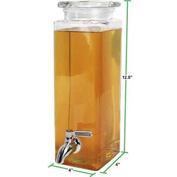 Estilo Glass Drink Dispenser - Tall Square Glass Mason Jar Drink Dispenser With Stainless Steel Spig...