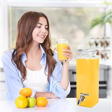 Estilo Glass Drink Dispenser - Tall Square Glass Mason Jar Drink Dispenser With Stainless Steel Spigot, 80 oz (2.36 Liters), Clear, Parties, Weddings, and Picnics