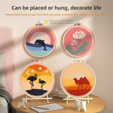 Punch Needle Kit for Beginners DIY Cute Animal Oil Painting Style 8 in Hoop Embroidery Set, Ideal fo...