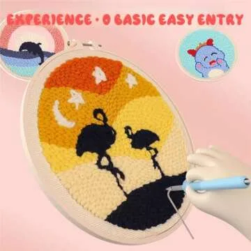 Punch Needle Kit for Beginners DIY Cute Animal Oil Painting Style 8 in Hoop Embroidery Set, Ideal for All Ages, Perfect Festival Decoration & Gift (Pink Bird)