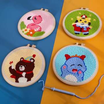Punch Needle Kit for Beginners DIY Cute Animal Oil Painting Style 8 in Hoop Embroidery Set, Ideal for All Ages, Perfect Festival Decoration & Gift (Pink Bird)