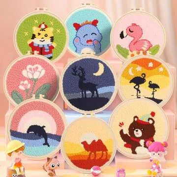 Punch Needle Kit for Beginners DIY Cute Animal Oil Painting Style 8 in Hoop Embroidery Set, Ideal for All Ages, Perfect Festival Decoration & Gift (Pink Bird)