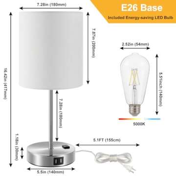 LITOSKY Touch Control Table Lamp with 2 USB Ports & AC Outlet, 3-Way Dimmable Bedside Nightstand Lamp for Bedroom Living Room, USB Lamp with 800 Lumens 5000K Daylight Bulbs Included