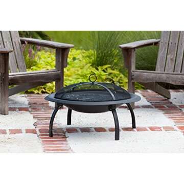 Fire Sense 60838 Fire Pit Portable Folding Round Steel with Folding Legs Wood Burning Lightweight Included Carrying Bag & Screen Lift Tool - Black - 29"
