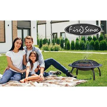 Fire Sense 60838 Fire Pit Portable Folding Round Steel with Folding Legs Wood Burning Lightweight Included Carrying Bag & Screen Lift Tool - Black - 29"