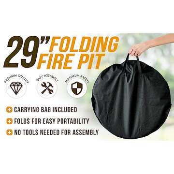Fire Sense 60838 Fire Pit Portable Folding Round Steel with Folding Legs Wood Burning Lightweight Included Carrying Bag & Screen Lift Tool - Black - 29"