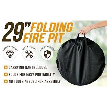 Fire Sense 60838 Fire Pit Portable Folding Round Steel with Folding Legs Wood Burning Lightweight Included Carrying Bag & Screen Lift Tool - Black - 29"