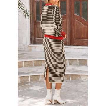PRETTYGARDEN Women's 2 Piece Striped Sweater Set Casual Fall Long Sleeve Knit Pullover Midi Skirts M...