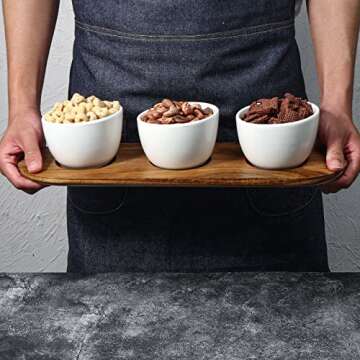 Wareland Chip and Dip Serving Set with Acacia Wooden Tray, 12oz White Glazed Ceramic Dipping Bowls, Serving Dishes for Entertaining, Small Serving Bowls for Side Dishes, Salsa, Appetizers, Condiments