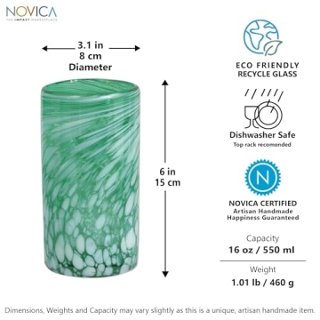 NOVICA Hand Blown Glass Eco-Friendly Green And White Swirl Drinking Glasses, 16 Oz, 'Festive Green' (Set Of 6)