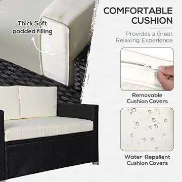 Outsunny 4 Piece Wicker Patio Furniture Set with Cushions, Outdoor Sectional Furniture with 2 Sofa, Loveseat, and Glass Top Coffee Table, Conversation Sofa Sets for Garden, White