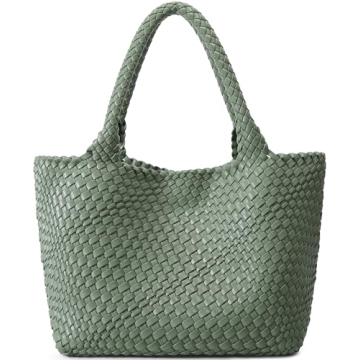 Woven Bag for Women, Fashion Top Handle Shoulder Bag Vegan Leather Shopper Bag Large Travel Tote Bag