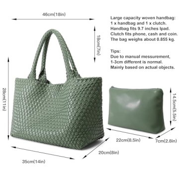 Woven Bag for Women, Fashion Top Handle Shoulder Bag Vegan Leather Shopper Bag Large Travel Tote Bag