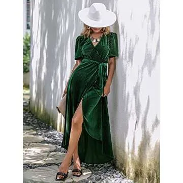 BerryGo Women's Semi Formal Velvet Wrap Dress Prom Cocktail Short Sleeve Swing Long Maxi Dress Emerald Green L