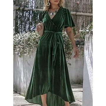 BerryGo Women's Semi Formal Velvet Wrap Dress Prom Cocktail Short Sleeve Swing Long Maxi Dress Emerald Green L